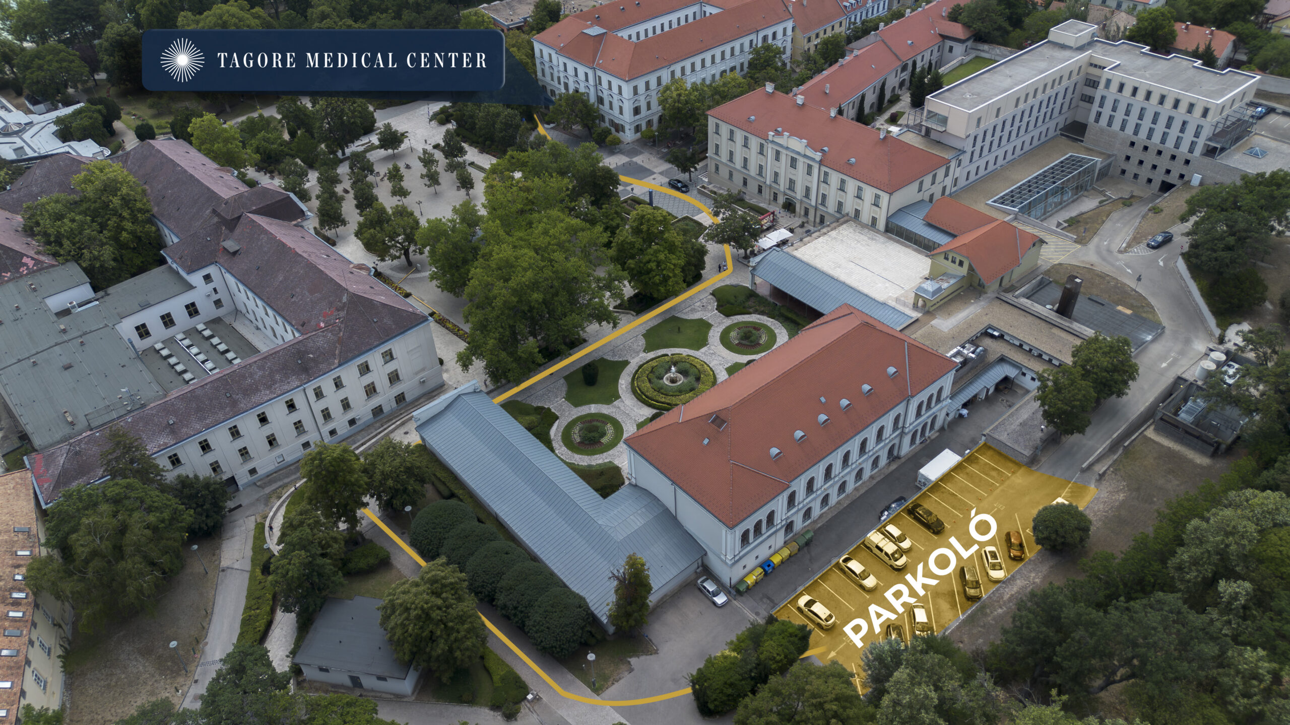 Légi fotó: a Tagore Medical Center parkolója és a gyalogos útvonal a Gyógy térig